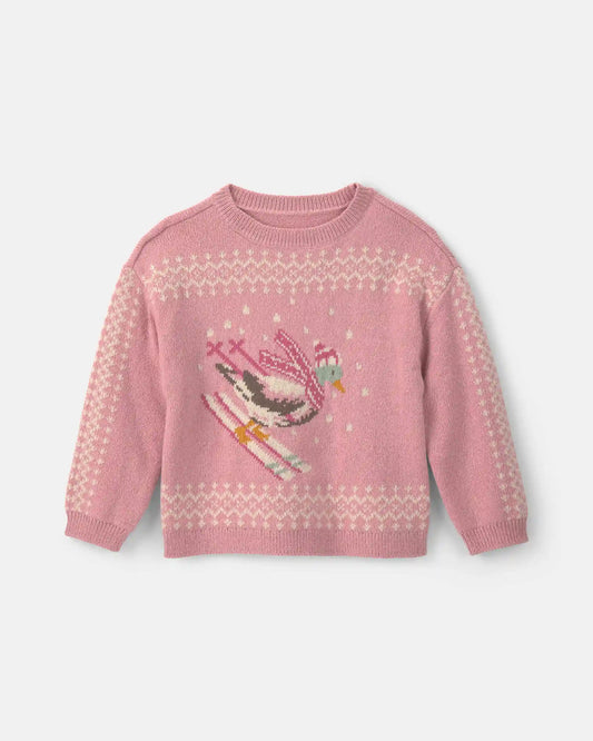 Toddler Girl Duck Skiing Fair Isle Sweater - Pink