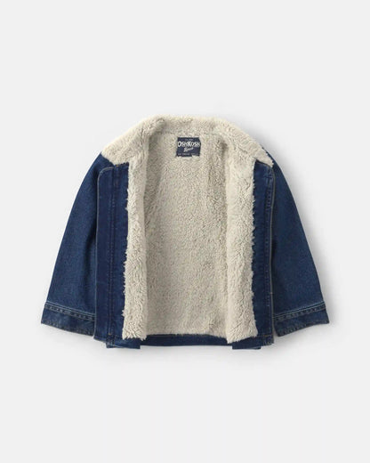 Toddler Boy Bear Teddy Fleece Denim Jacket - Dark Wash