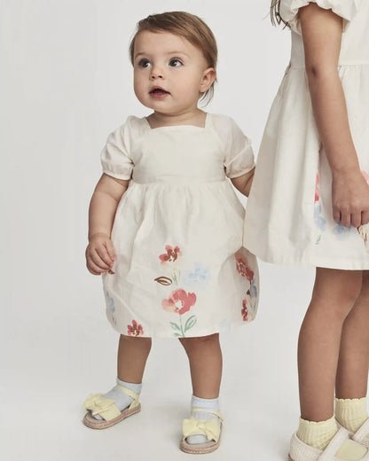Baby Girl Puff Sleeve Floral Dress - Cream