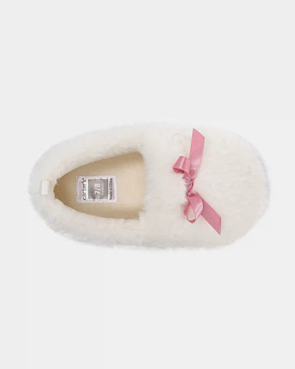 Girls Fuzzy Bow Slippers - Cream/Pink